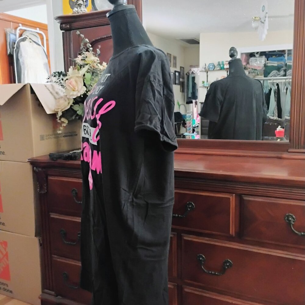 Long Black Short Sleeve Cotton Gown with Printed front - Picture 2 of 5